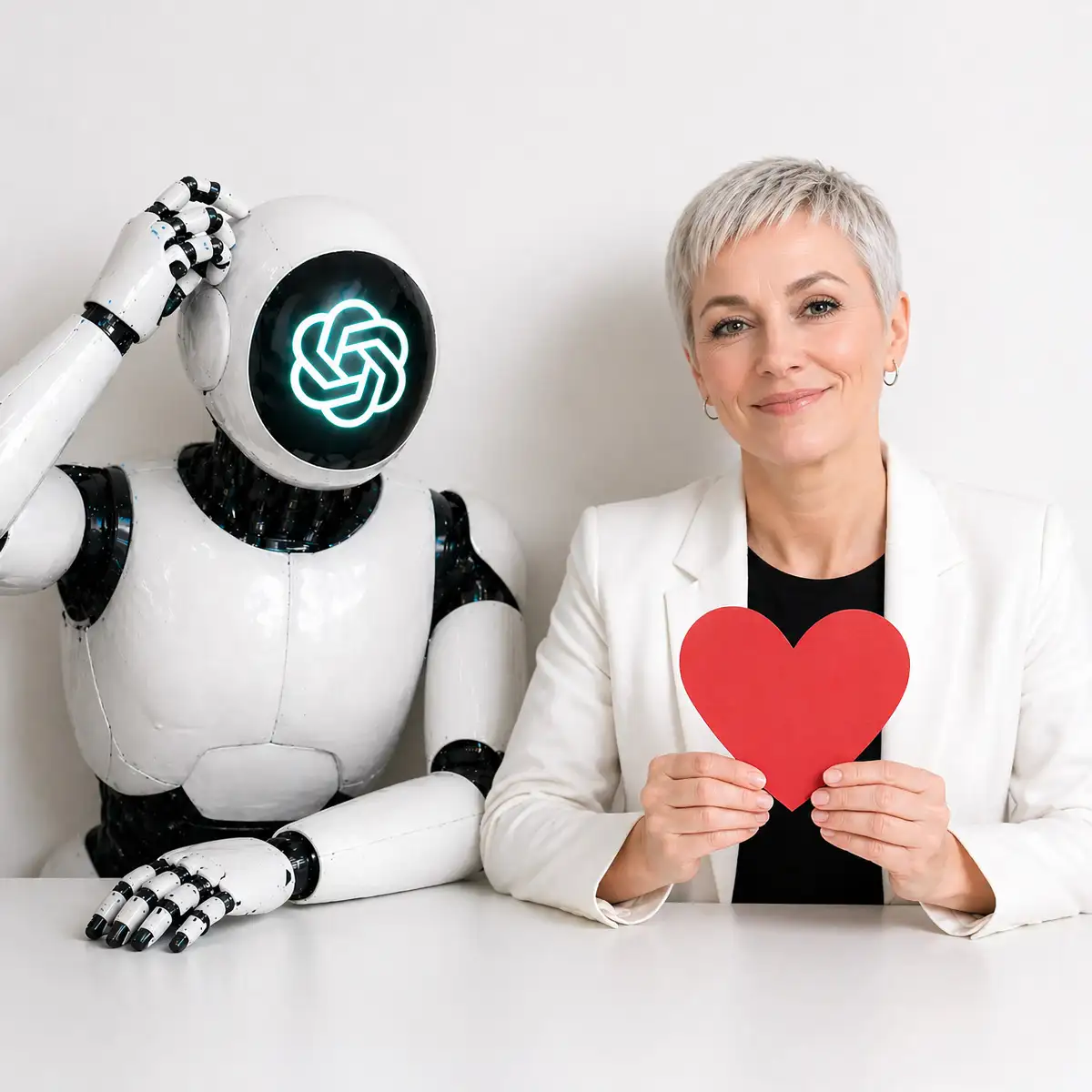 Ein Roboter und eine Kundin sitzen neben einander. Der Roboter kratzt sich am Kopf und denkt nach, während die Kundin selbstbewusst in die Kamera schaut und ein rotes Herz aus Pappe in den Händen hält.